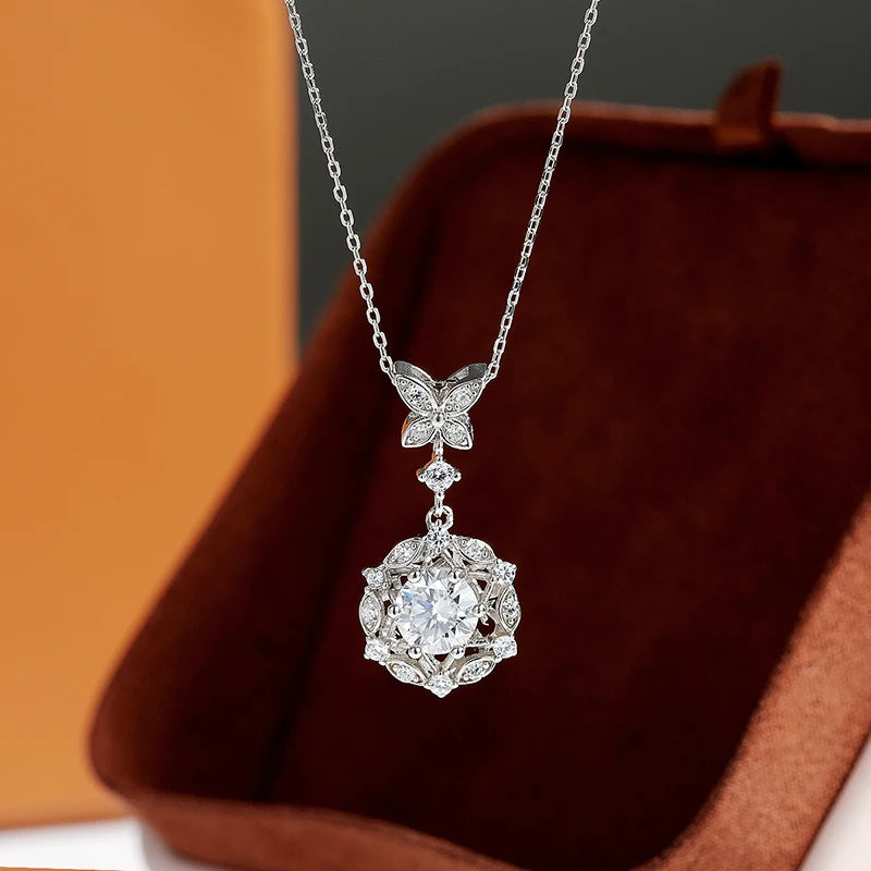 TBCYD 1CT Moissanite Pendant Necklace Silver 925 Women's Butterfly Flower Necklace High Quality Sparkling Mother's Jewelry Gifts