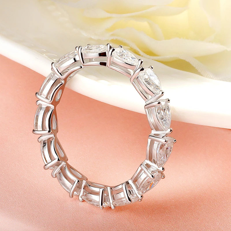 Smyoue Certified 3*5mm Pear Cut Moissanite Eternity Rings for Women Luxury Quality Lab Diamond 925 Sterling Silver Wedding Band