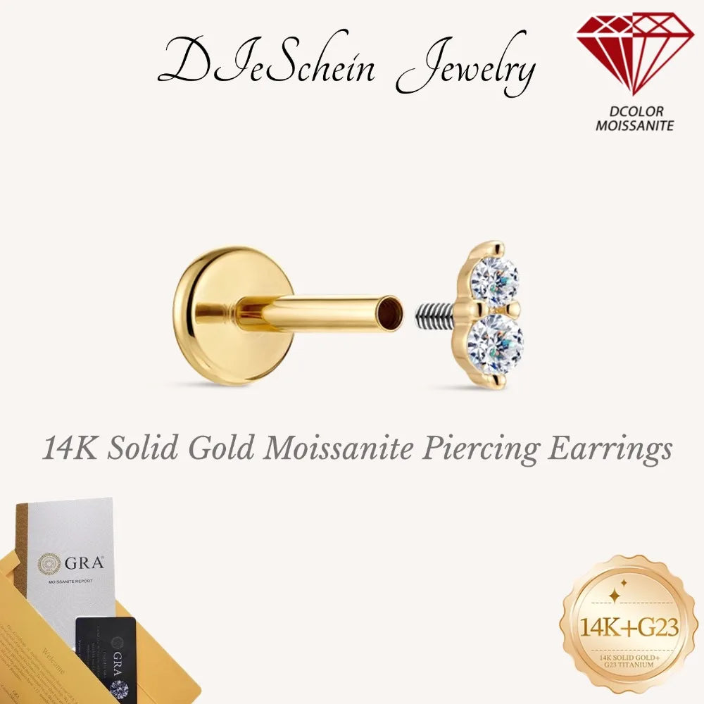 DIeSchein Genuine 14k Solid Gold Flat Back Moissanite Stud Earrings Minimalist Tragus Piercing Cartilage 14k Earring for Women
