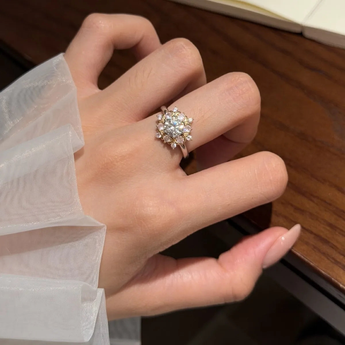 1CT Round Moissanite Halo Engagement Ring Two Tone 925 Sterling Silver  Wedding Jewelry Gift For Women