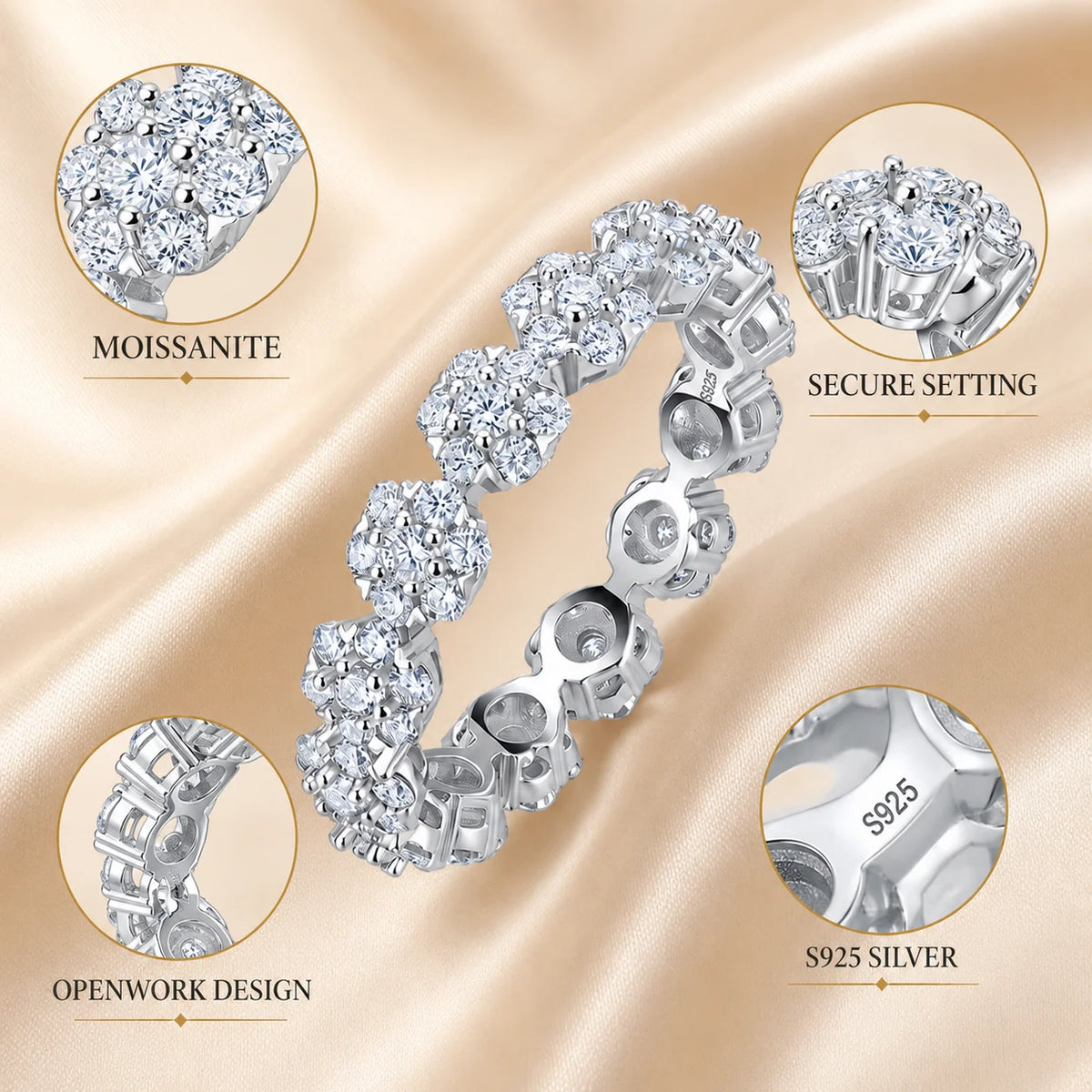 Flower Cluster Moissanite Eternity Band Ring Pave Stackable S925 Silver D Color VVS1 GRA Certified Gift for Women