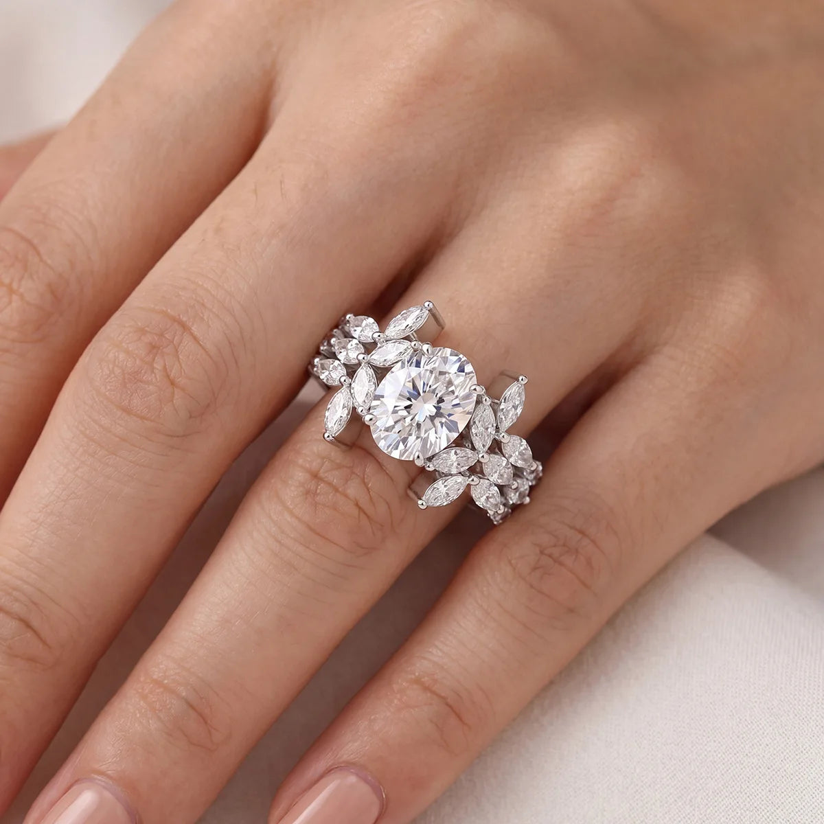 EWYA 3PCS Stackable Moissanite Rings S925 Silver 2CT Oval Dove Egg Engagement Bands Marquise Leaf Luxury Promise Ring For Women