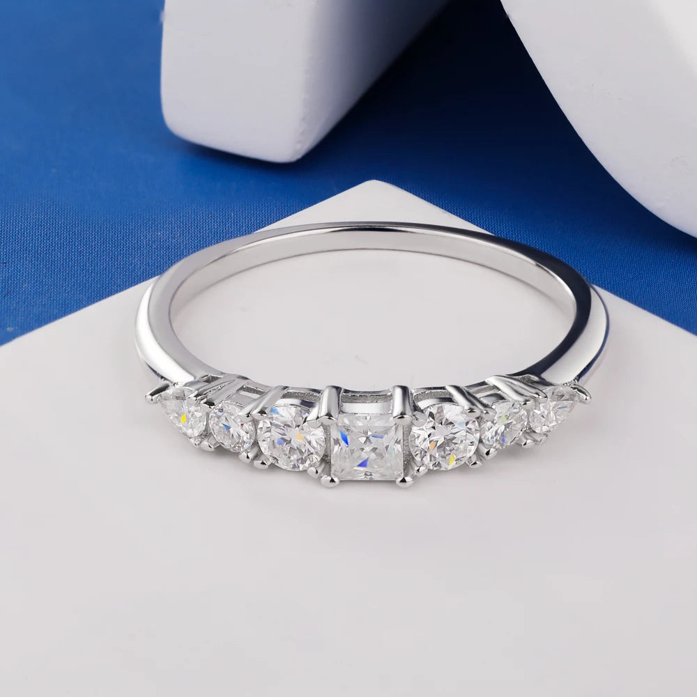 7 Stone All Moissanite Half Eternity Ring for Women 925 Sterling Silver Stackable Bands Wedding Engagement Rings Fine Jewelry