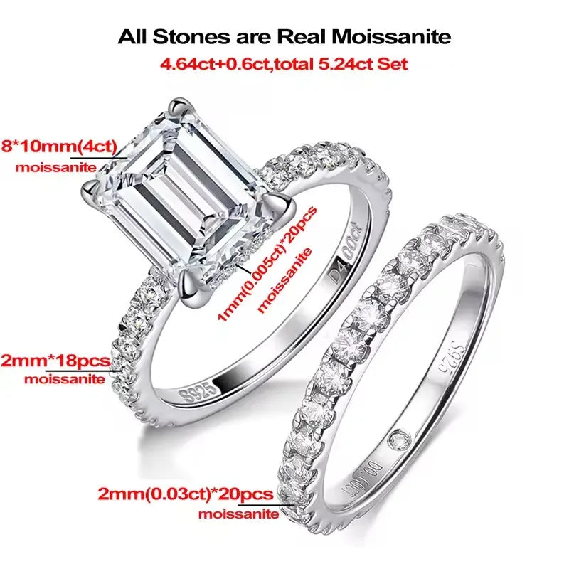 BXINY Full Moissanite Ring Sets 100% S925 Silver for Women Emerald/Radiant Cut Diamond Wedding Bands Gifts Fine Jewelry With GRA