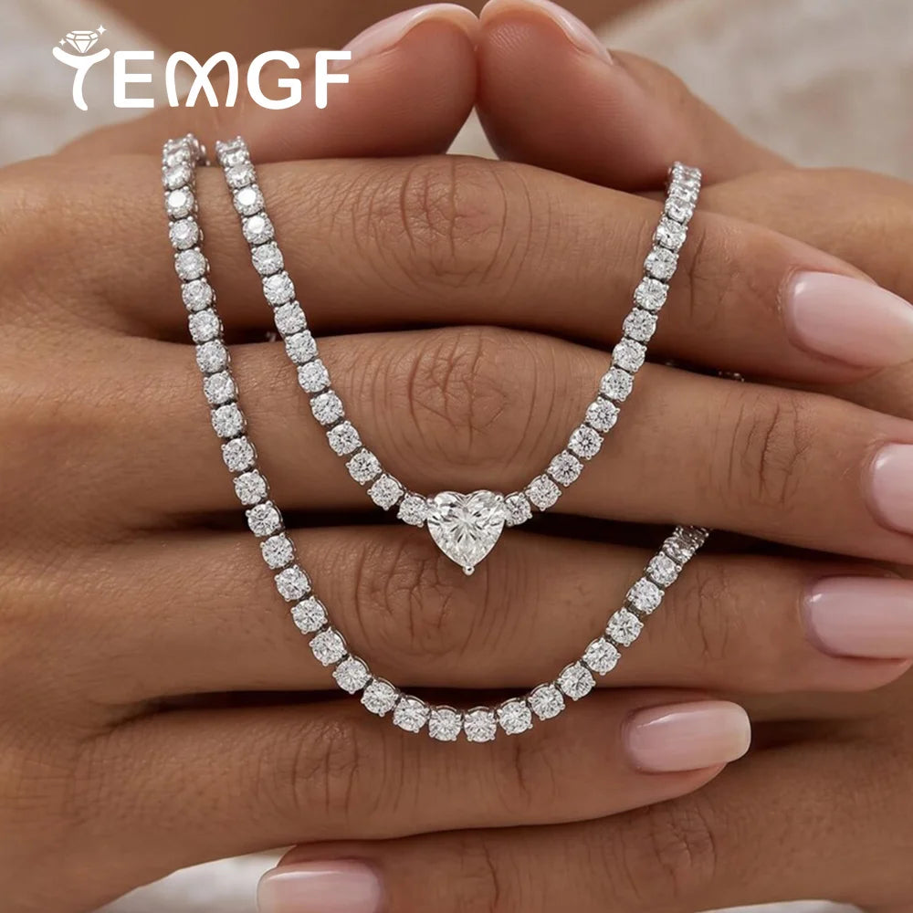 Heart Pendant 2mm Moissanite Tennis Necklace Certified 925 Sterling Silver Wedding Jewelry Riviera Choker Necklace Gift for Her