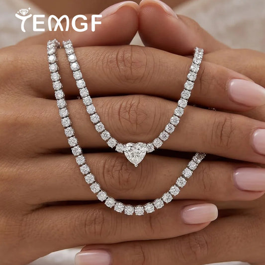 Heart Pendant 2mm Moissanite Tennis Necklace Certified 925 Sterling Silver Wedding Jewelry Riviera Choker Necklace Gift for Her