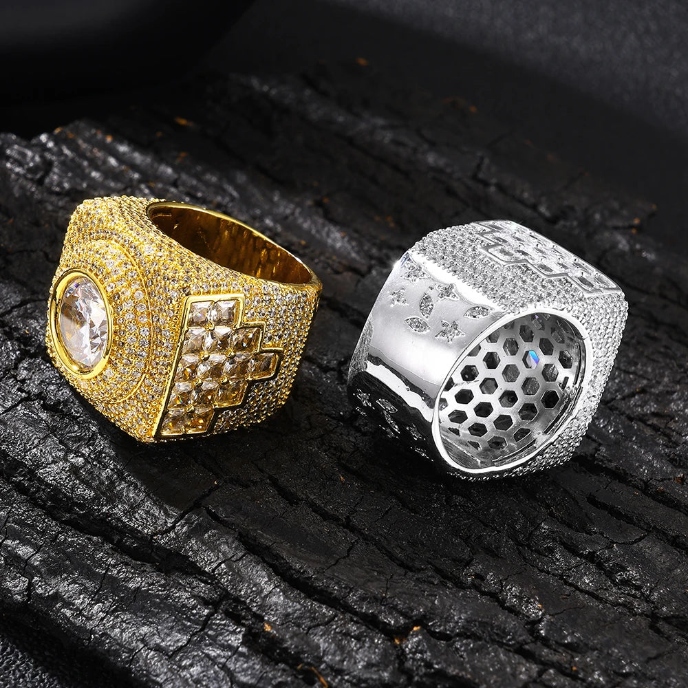 NUOYA Brass Moissanite Heavy Square Signet Ring 18K Gold Plated Micro Pave Pass Diamond Tester Hip Hop Jewelry Gift for Men