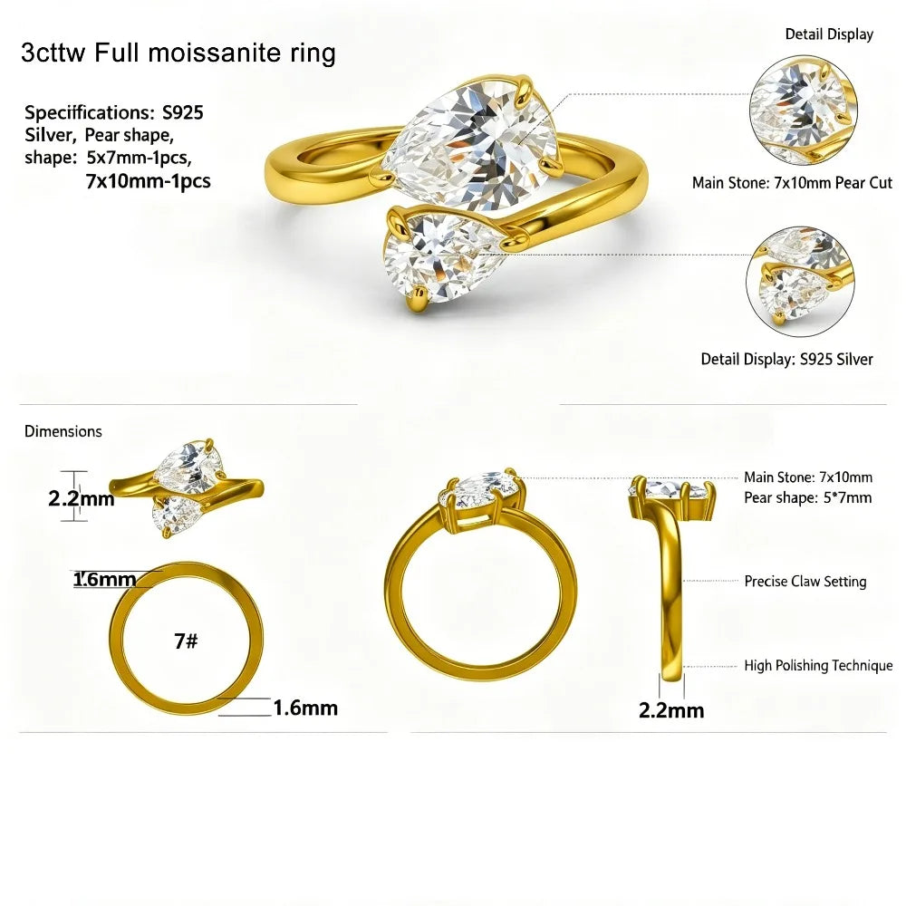 2.8cttw Toi Et Moi Pear Moissanite Ring for Women Two Stone Engagement Ring Double Waterdrop 925 Sterling Silver Jewelry Wedding