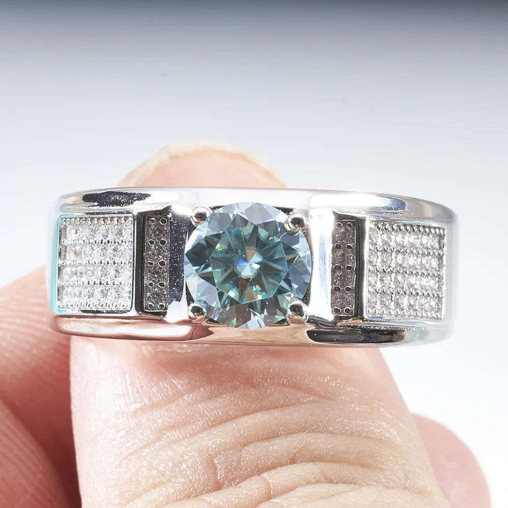 Moissanite Rings For Men Round Cut Blue Green Color Moissanite Ring Luxury 2023 Male Moissanite Ring Dating Party Gift