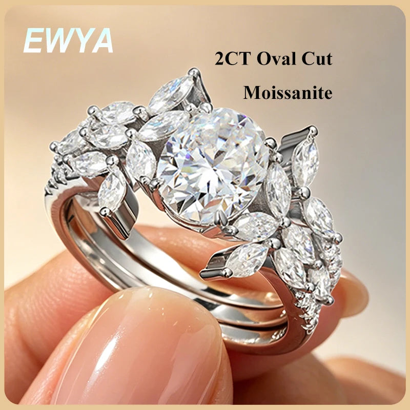 EWYA 3PCS Stackable Moissanite Rings S925 Silver 2CT Oval Dove Egg Engagement Bands Marquise Leaf Luxury Promise Ring For Women