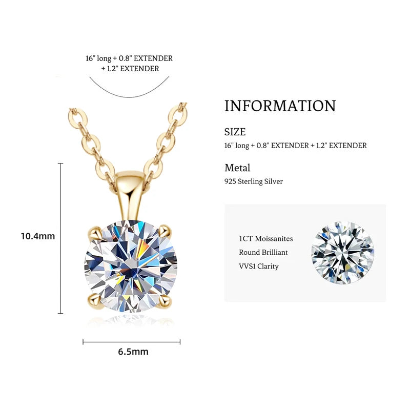 1.0 Carat 2ct 3ct D Moissanite Solitaire Drop Necklaces 18k Gold Plated Pendant Original Real 925 Silver Chain Jewelry for Women