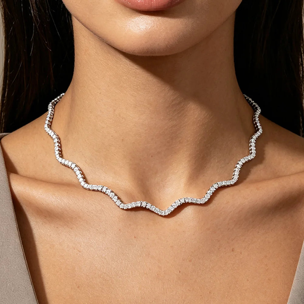 COSYA 2mm Luxury Moissanite Tennis Necklace For Women S925 Silver Sparkling Wave Riviera Choker Adjustable Chain Wedding Jewelry