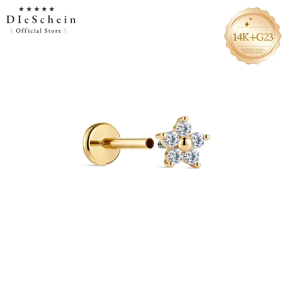 DIeSchein Genuine 14k Solid Gold Flat Back Moissanite Stud Earrings Minimalist Tragus Piercing Cartilage 14k Earring for Women