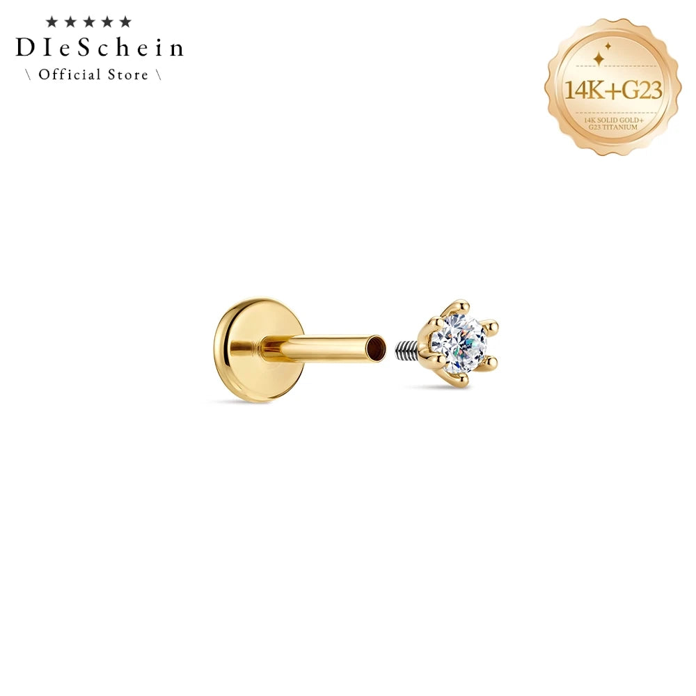 DIeSchein Genuine 14k Solid Gold Flat Back Moissanite Stud Earrings Minimalist Tragus Piercing Cartilage 14k Earring for Women