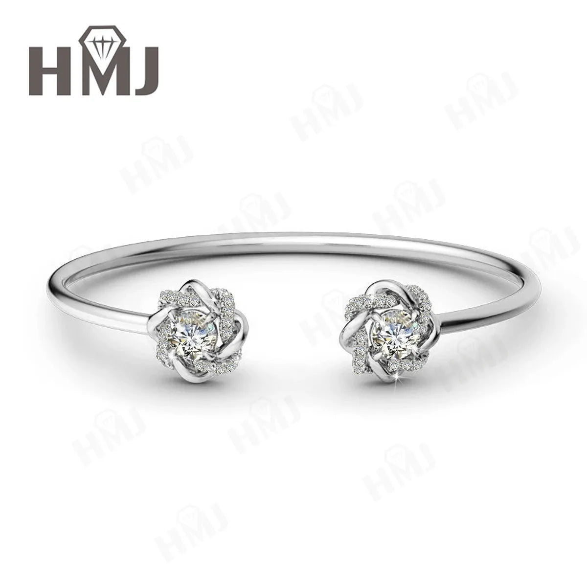 Moissanite Open Bangle Bracelet 6.5mm Round Cut 925 Sterling Silver 18K Gold Plated Romantic Sweet Daily Wear Bridal Jewelry
