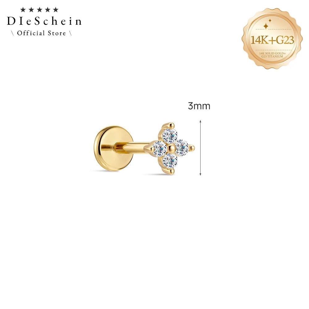 DIeSchein Genuine 14k Solid Gold Flat Back Moissanite Stud Earrings Minimalist Tragus Piercing Cartilage 14k Earring for Women