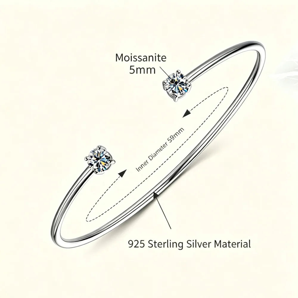 925 Sterling Silver Clover Cluster Moissanite Open Bangle D VVS1 Single Round Bezel Fine Jewelry For Women Daily Party Gift