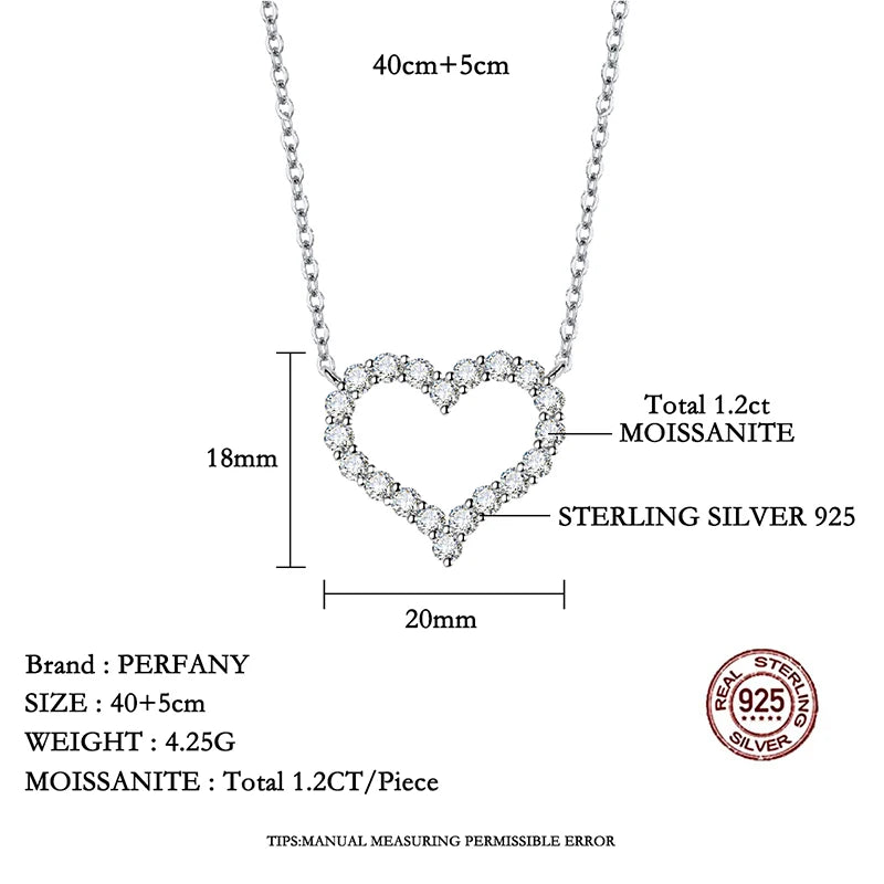 PERFANY 2CT Moissanite Necklace for Women S925 Pure Silver Heart Design Laboratory Diamond Pendant Luxury Jewelry Party Gift