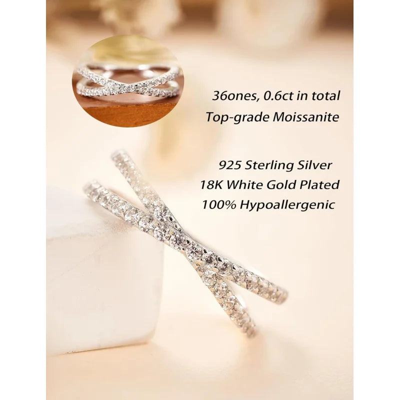 Moissanite Eternity Ring, Criss Cross Wedding Bands for Women 925 Sterling Silver Plating14K Gold Stackable Rings