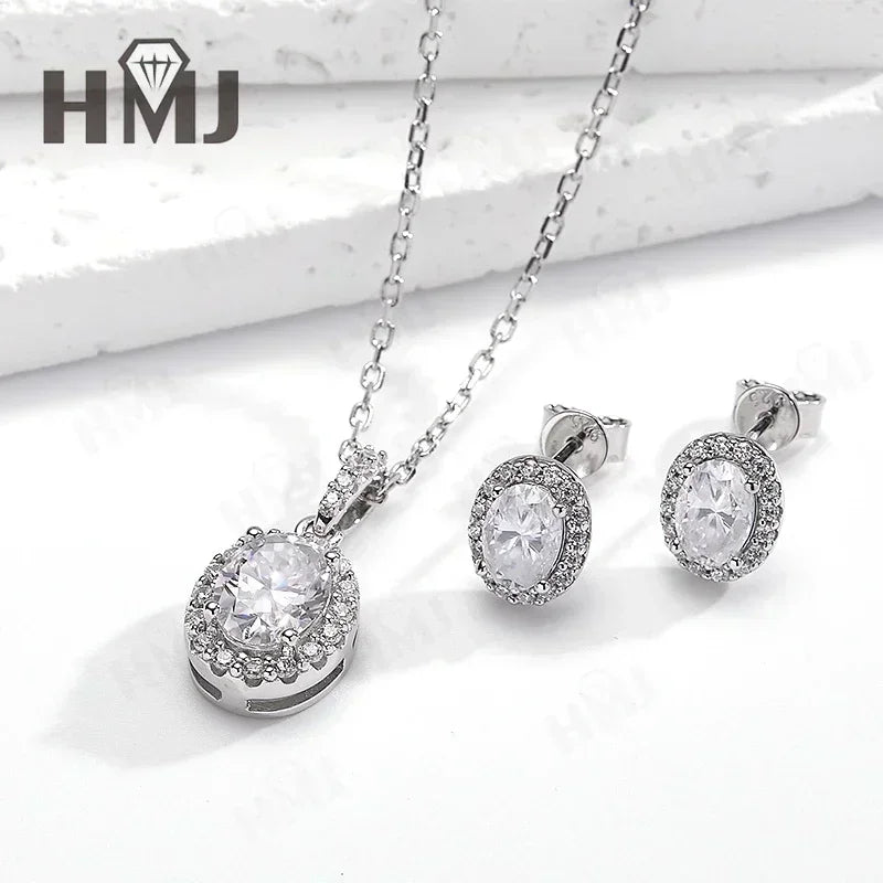 100% 925 Sterling Silver Plated 18K White Gold Moissanite Oval Cut Earring Necklace Jewelry Set  For Women Fine Anniversary Gift