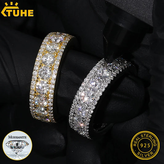 TUHE Moissanite Ring For Men 925 Sterling Silver 18K White Gold Plated Hip Hop Bling Jewelry Gift