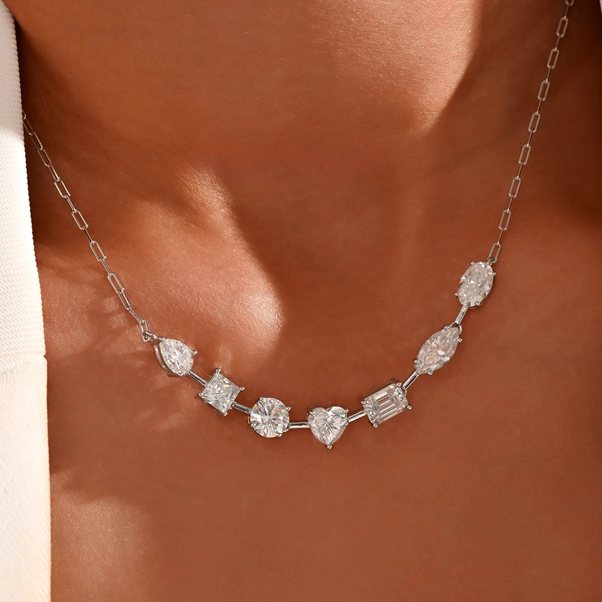 Real 925 Sterling Silver 7CT Moissanite Heart Round Square Pear Cut Gemstone Pendant Necklace Women Luxury Fine Jewelry