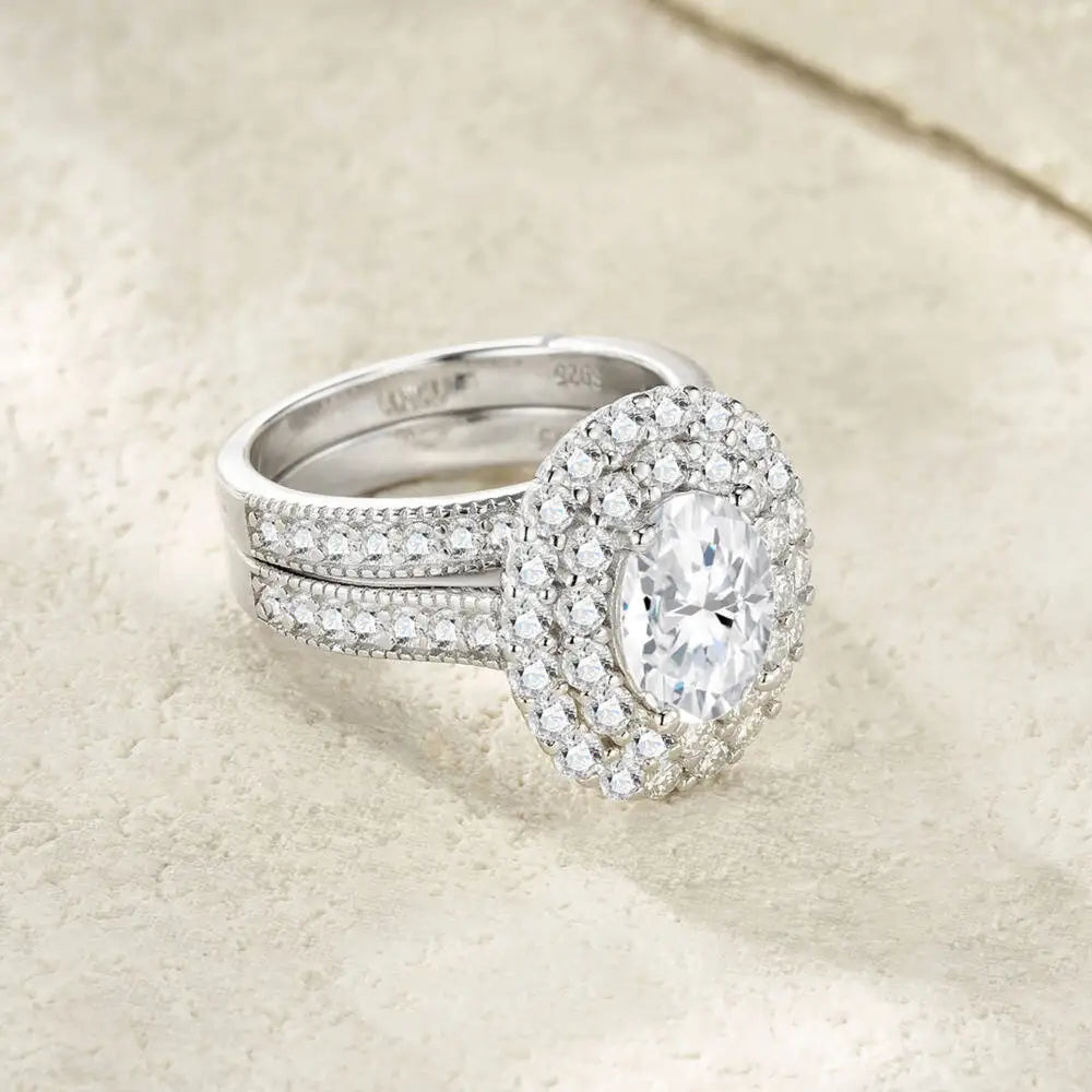 925 Silver Oval Cut Double Halo Pave Stackable Ring Set D VVS1 Moissanite Multi Tone Luxury Wedding Engagement Jewelry For Women