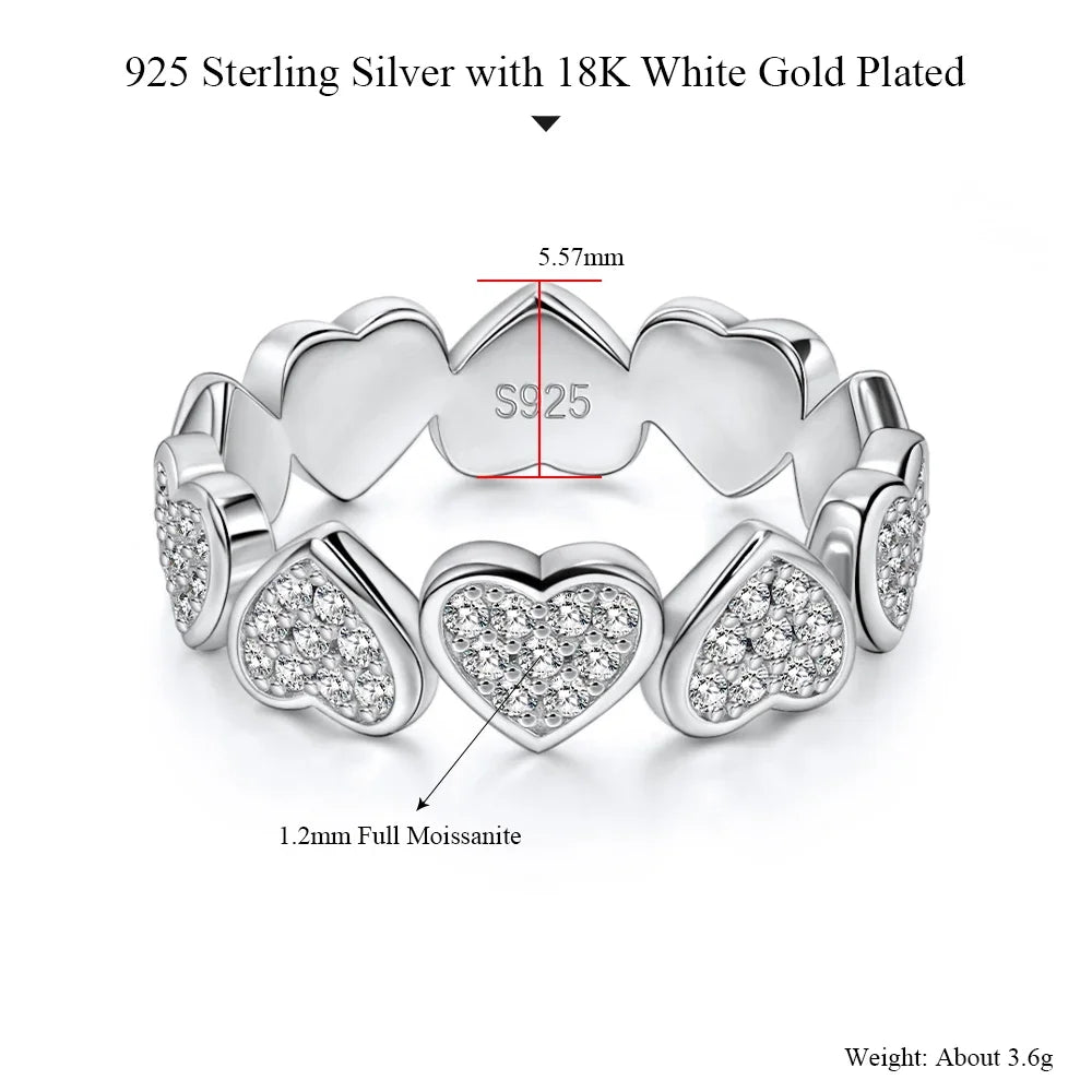 Pretty Beauty Moissanite Heart Eternity Ring S925 Silver Sparkling Diamond Wedding Band for Women Anniversary Fine Jewelry Gift
