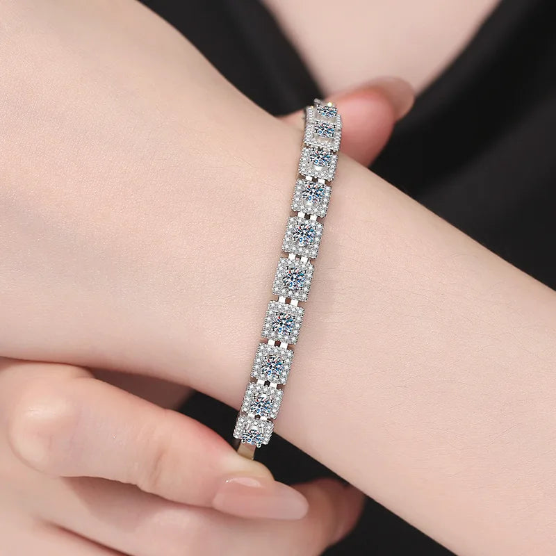 S925 Silver White Gold Plated 2.2CT D Color Moissanite Full Row Square Continuous Bangle for Women, Exquisite Jewelry.
