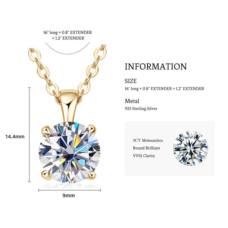 1.0 Carat 2ct 3ct D Moissanite Solitaire Drop Necklaces 18k Gold Plated Pendant Original Real 925 Silver Chain Jewelry for Women