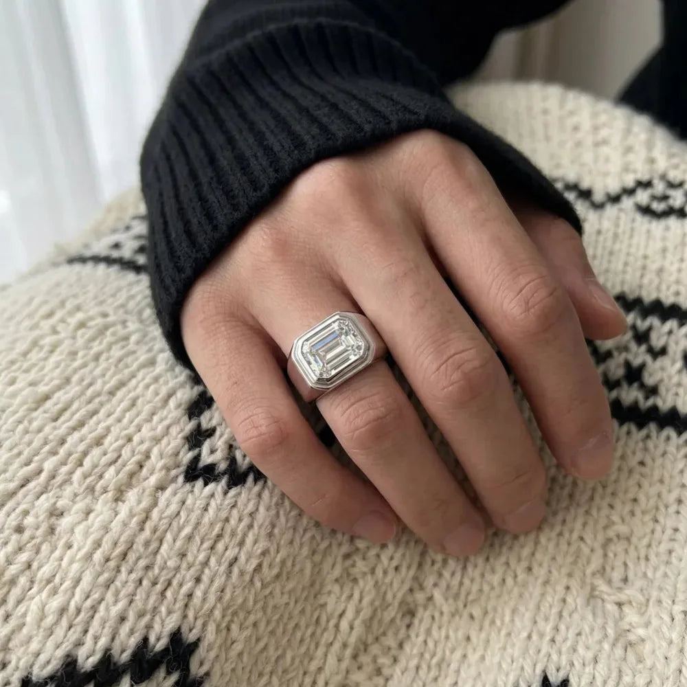Emerald Cut D VVS1 Moissanite 925 Silver Signet Ring Minimalist Bezel Setting Fine Jewelry Men Wedding Statement Band Daily Gift