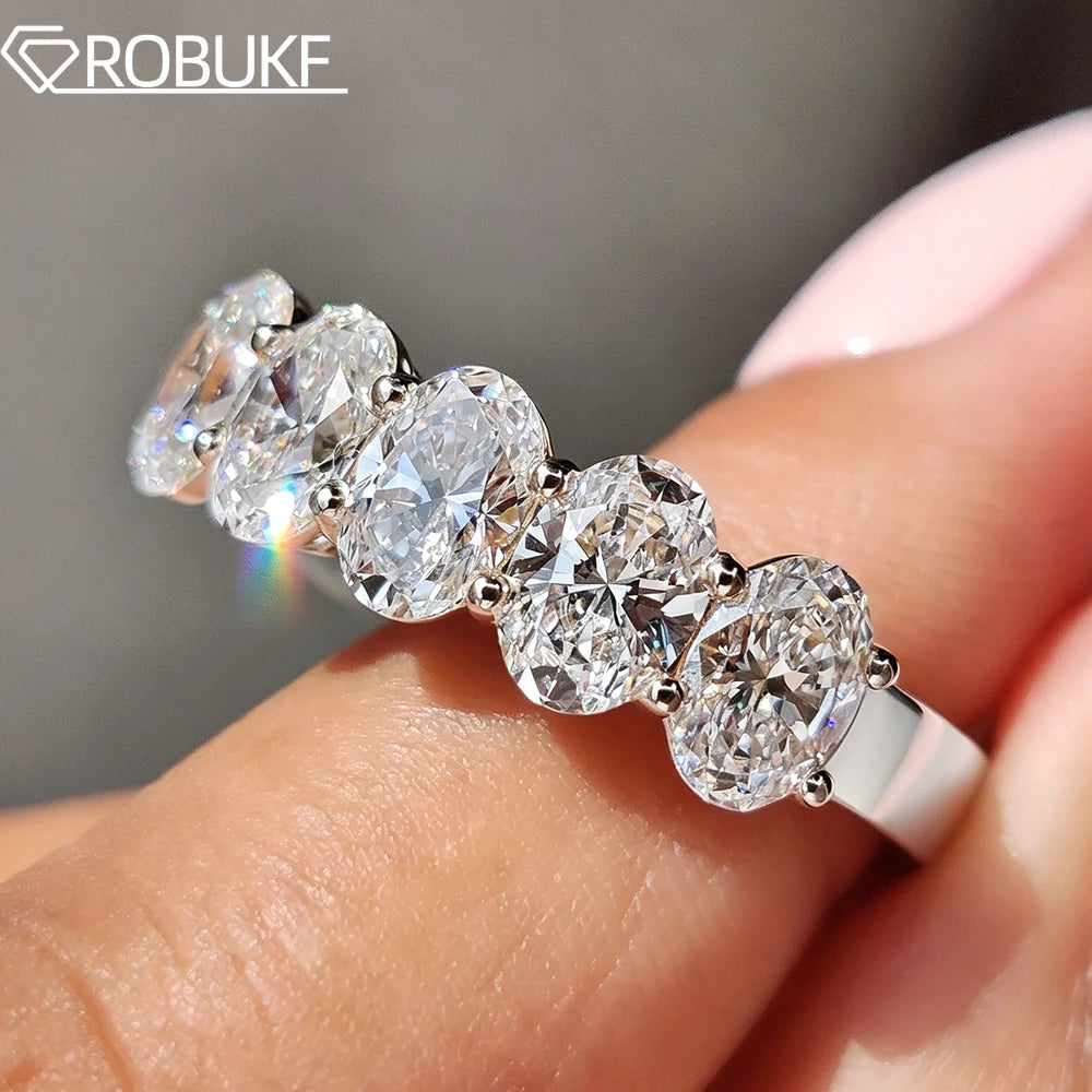 2.5CTTW 5 Stone Moissanite Ring For Women GRA 4*6mm Oval Cut Lab Diamond 925 Silver Half Eternity Stackable Wedding Band Jewelry