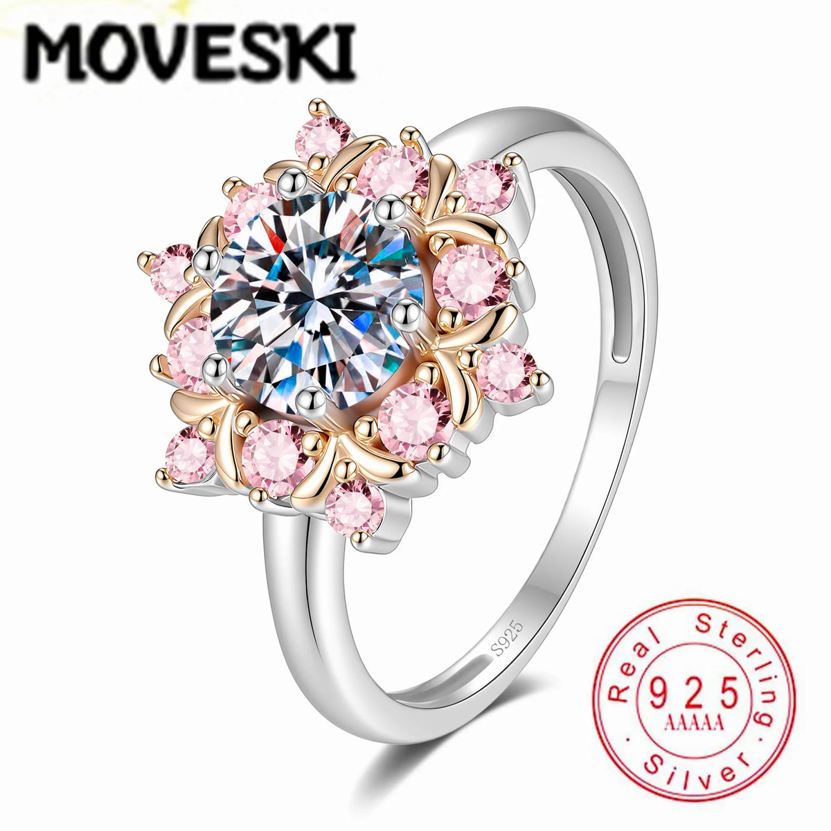 1CT Round Moissanite Halo Engagement Ring Two Tone 925 Sterling Silver  Wedding Jewelry Gift For Women