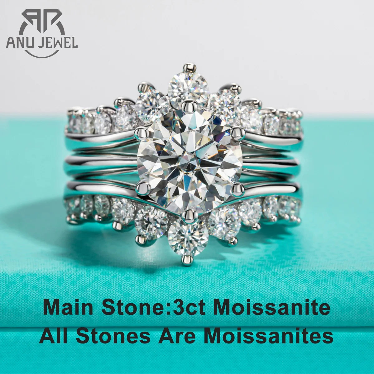 AnuJewel Wholesale 3CT D Color Moissanite Wedding Bands 18k Gold Plated 925 Sterling Silver Bridal Ring Set For Girls Jewelry