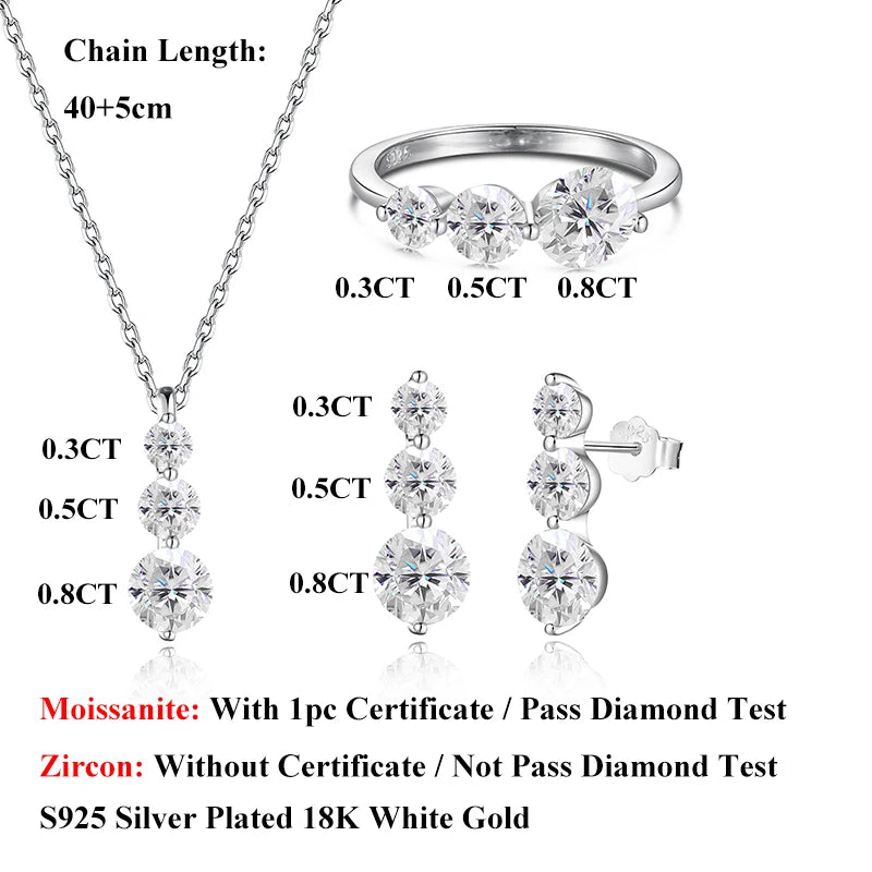 EWYA 3-Stone Round Cut All Moissanite Earrings Ring Pendant Women Full Lab Diamond 925 Silver Party Bridal Fine Jewelry Set Gift