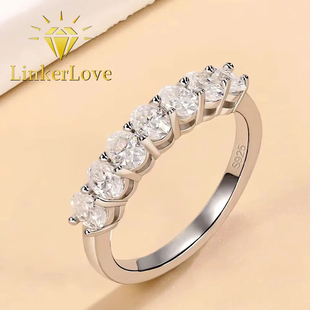 LinkerLove 7 Stones Oval Cut Moissanite Half Eternity Ring for Women S925 Sterling Silver Wedding Ring Anniversary Jewelry Gift