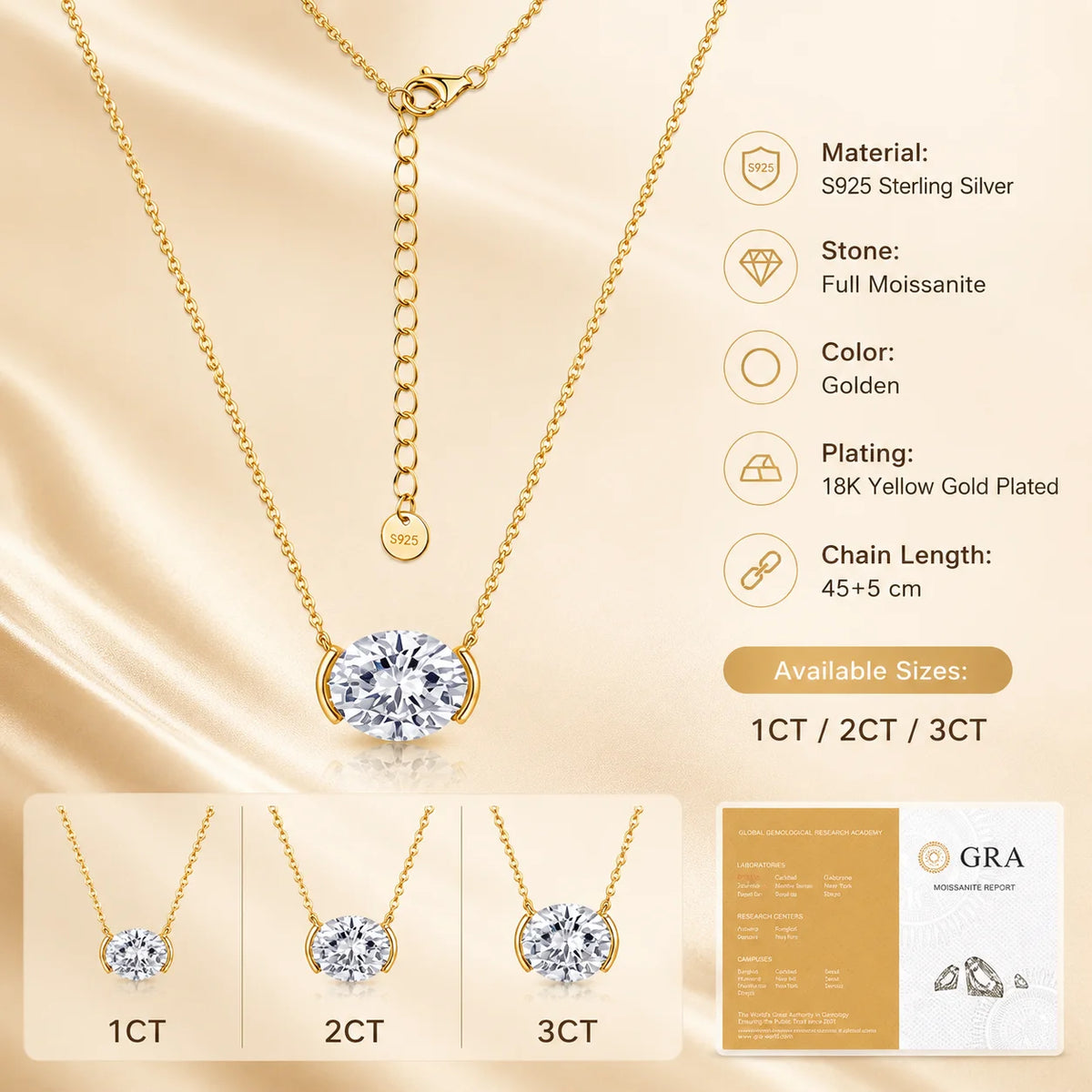 S925 Sterling Silver Oval Moissanite Necklace for Women 1CT 2CT 3CT Double Side Pendant Clavicle Chain Gift GRA Certified