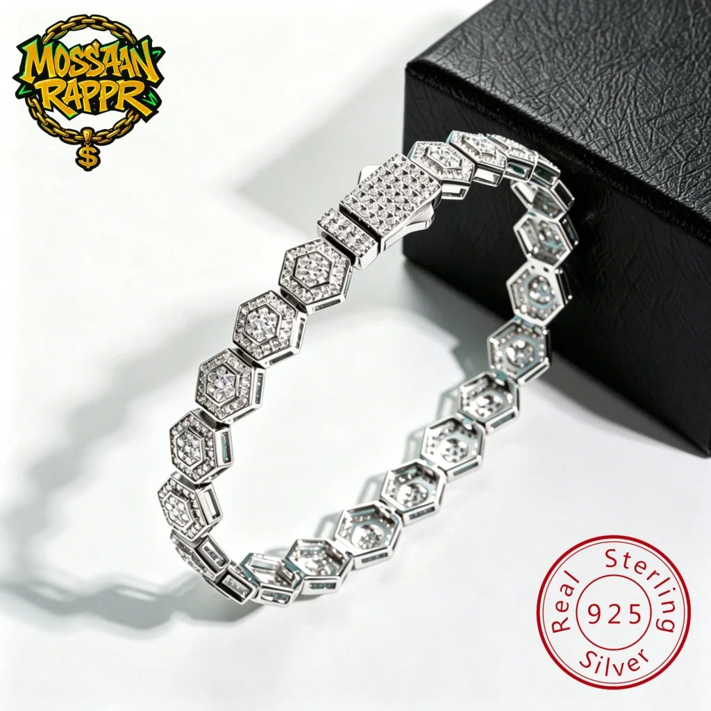 MossanRappr Moissanite Hexagon Bracelet 925 Sterling Silver Iced out Bracelet for Men Women Party Jewelry Fashion Accessory