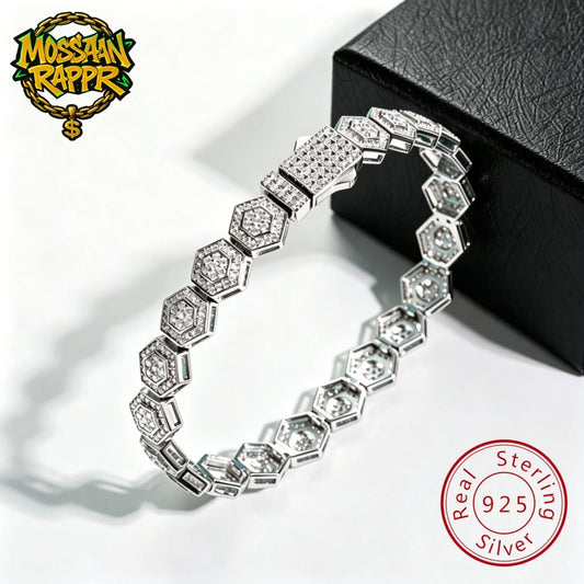 MossanRappr Moissanite Hexagon Bracelet 925 Sterling Silver Iced out Bracelet for Men Women Party Jewelry Fashion Accessory