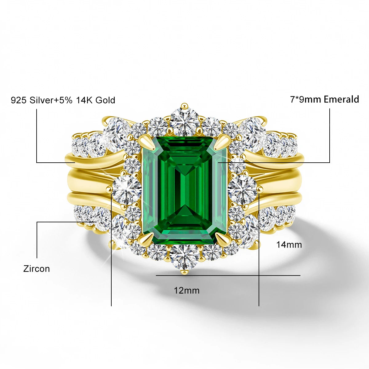 Solid 14K Gold Filled 3CT Emerald Cut Moissanite Stackable Ring Set Au585 Luxury Engagement Ring for Women Bridal Gift Jewelry