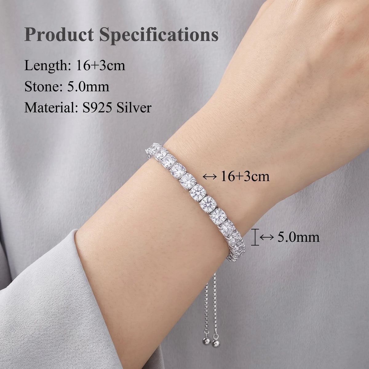 Elegant 3/4/5mm Moissanite Tennis Bracelet 925 Sterling Silver Gold Plated Adjustable Bracelets