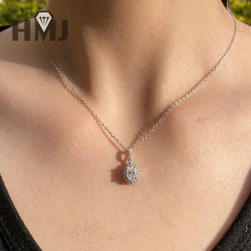 100% 925 Sterling Silver Plated 18K White Gold Moissanite Oval Cut Earring Necklace Jewelry Set  For Women Fine Anniversary Gift