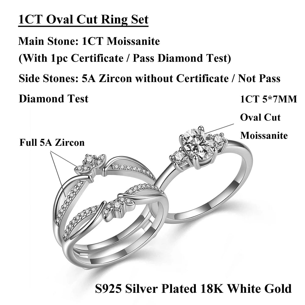 EWYA 3PCS Stackable Moissanite Rings S925 Silver 2CT Oval Dove Egg Engagement Bands Marquise Leaf Luxury Promise Ring For Women
