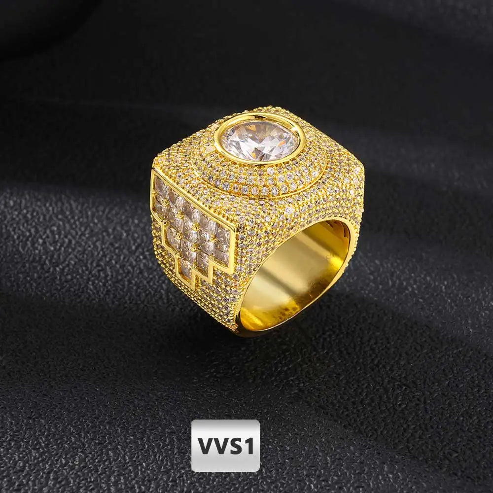 NUOYA Brass Moissanite Heavy Square Signet Ring 18K Gold Plated Micro Pave Pass Diamond Tester Hip Hop Jewelry Gift for Men