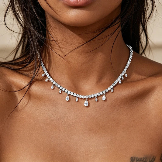 Full Moissanite Tennis Pendant Chain S925 Silver For Women Round/Pear/Oval Cut Diamond Chain Link Necklace Unisex Fine Jewelry