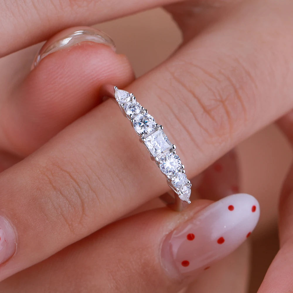 7 Stone All Moissanite Half Eternity Ring for Women 925 Sterling Silver Stackable Bands Wedding Engagement Rings Fine Jewelry