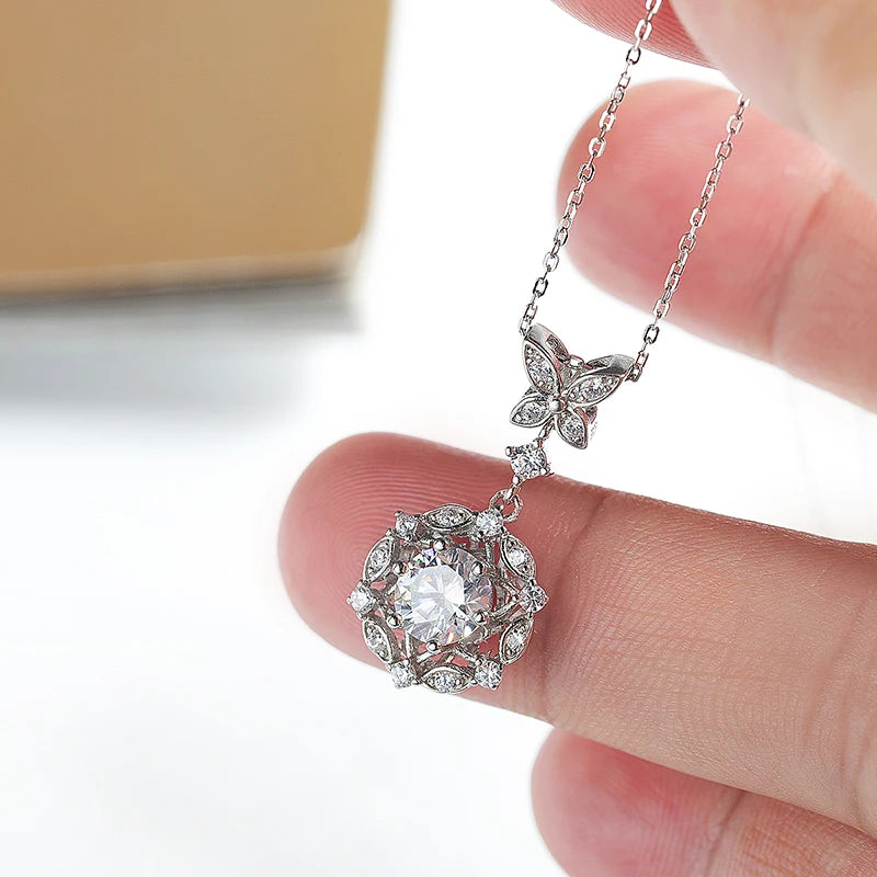 TBCYD 1CT Moissanite Pendant Necklace Silver 925 Women's Butterfly Flower Necklace High Quality Sparkling Mother's Jewelry Gifts