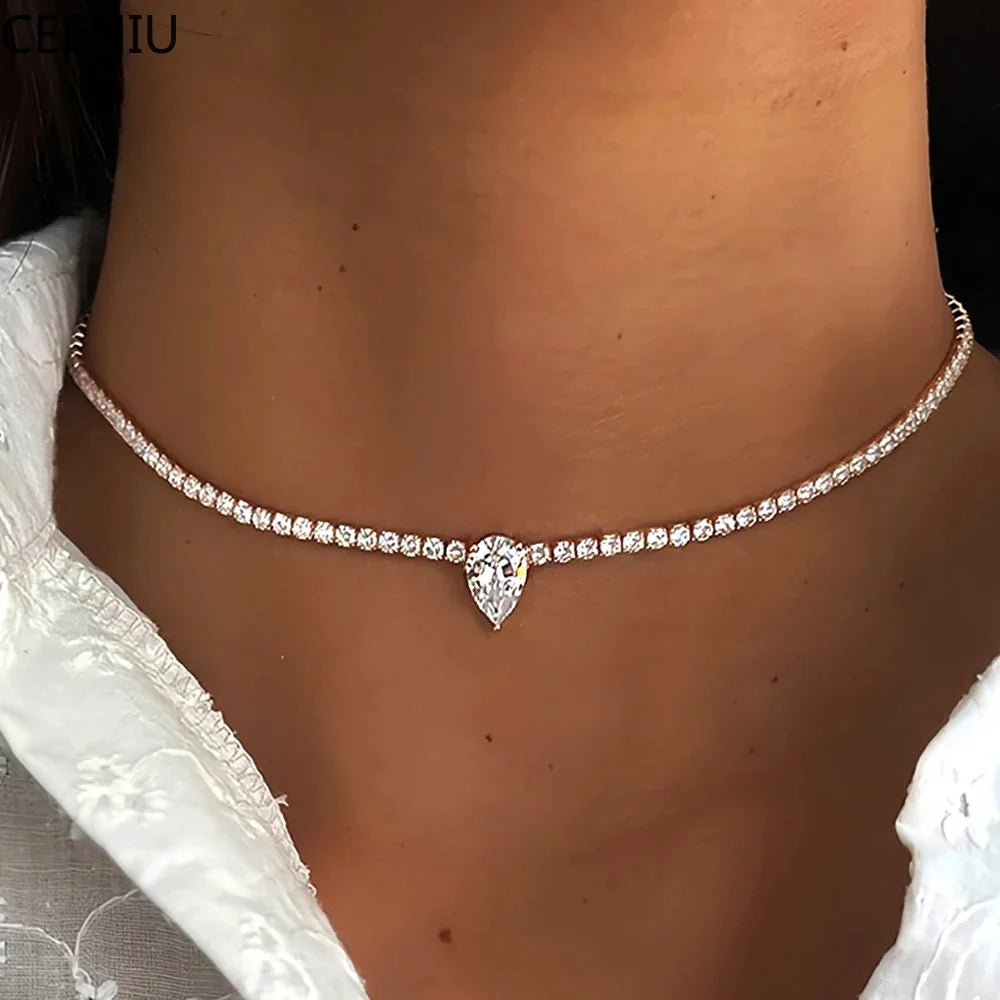 Certified Full Moissanite Riviera Tennis Necklace with Waterdrop Diamond Pendant for Women 925 Sterling Silver Adjustable Choker