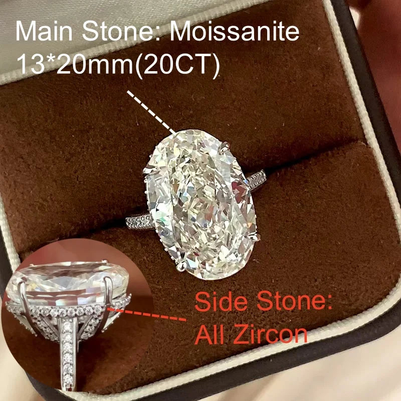 Onnelik S925 Sterling Silver 13*20MM Large Carat Moissanite Oval Ring Minimalist Band Luxury Jewelry for Women Elegant Gifts