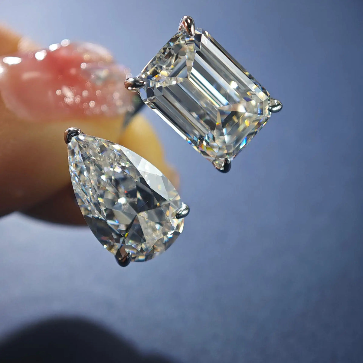 6+6 Carat Two Stone Moissanite Ring for Women. 925 sterling silver, pear and square cut, adjustable opening to 12 carats